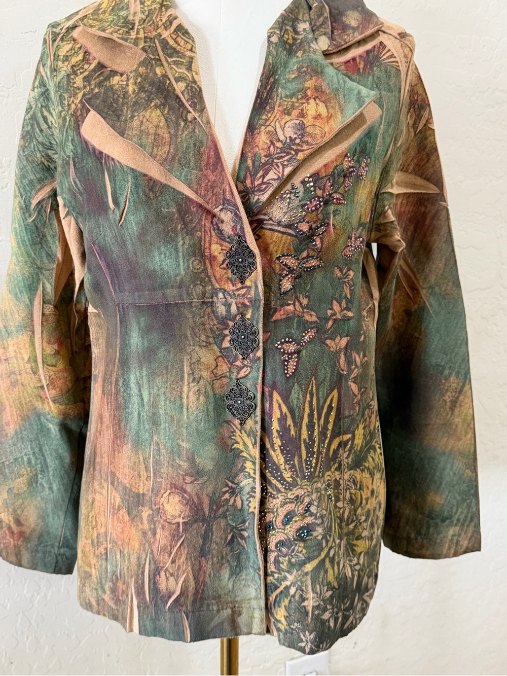 B.L.E.U. Art to Wear Embellished Floral Bird Faux Suede Jacket Size S